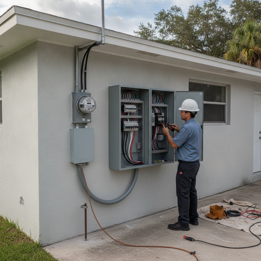 Exterior meter can and service mast on a Tampa Bay concrete-block house