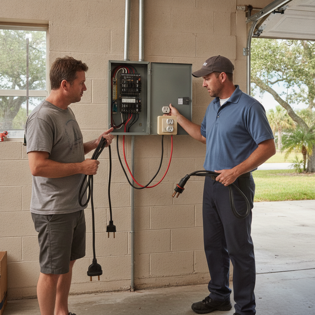 Homeowner matching a dryer cord to the wall receptacle in a Tampa Bay laundry room