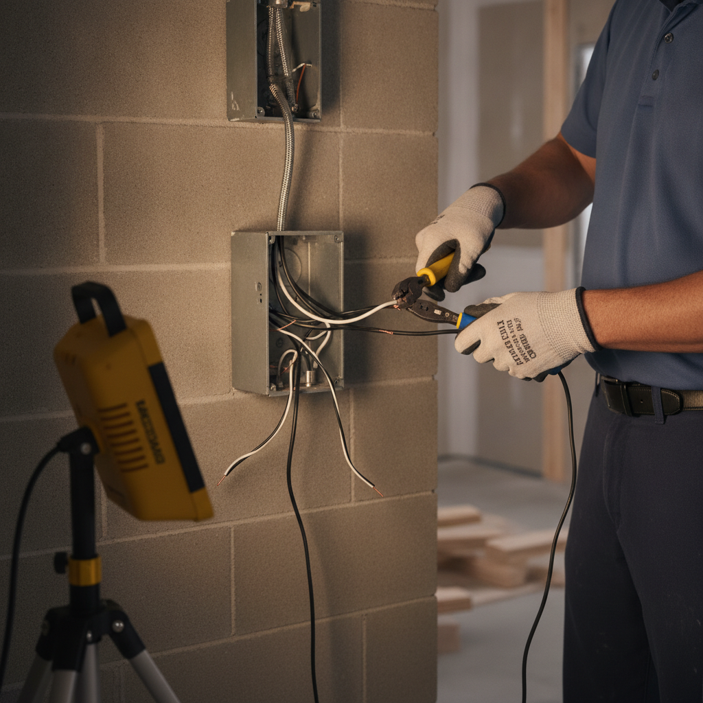 Gloved electrician hands at an open Tampa Bay receptacle box with mixed conductors visible