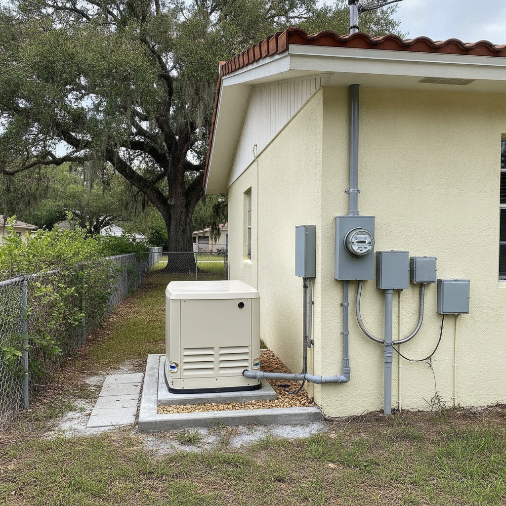 Standby generator on a pad beside a Central Tampa bungalow, with transfer equipment near the exterior meter