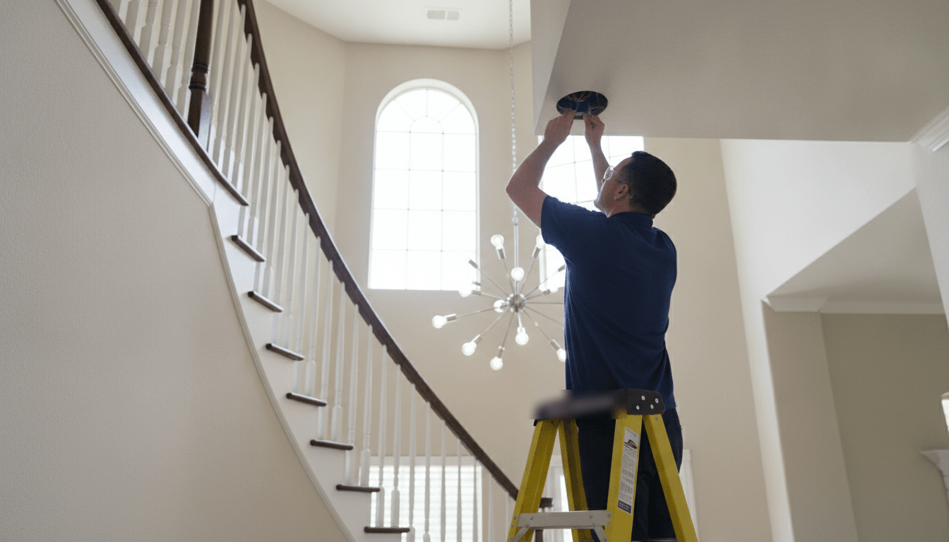 Electrician inspecting the ceiling box above a chandelier in a Tampa home