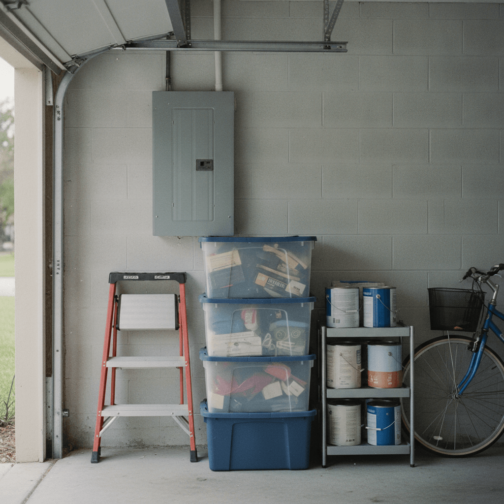 Closed gray electrical panel on a concrete block garage wall with storage totes, a step ladder and paint cans stacked in front