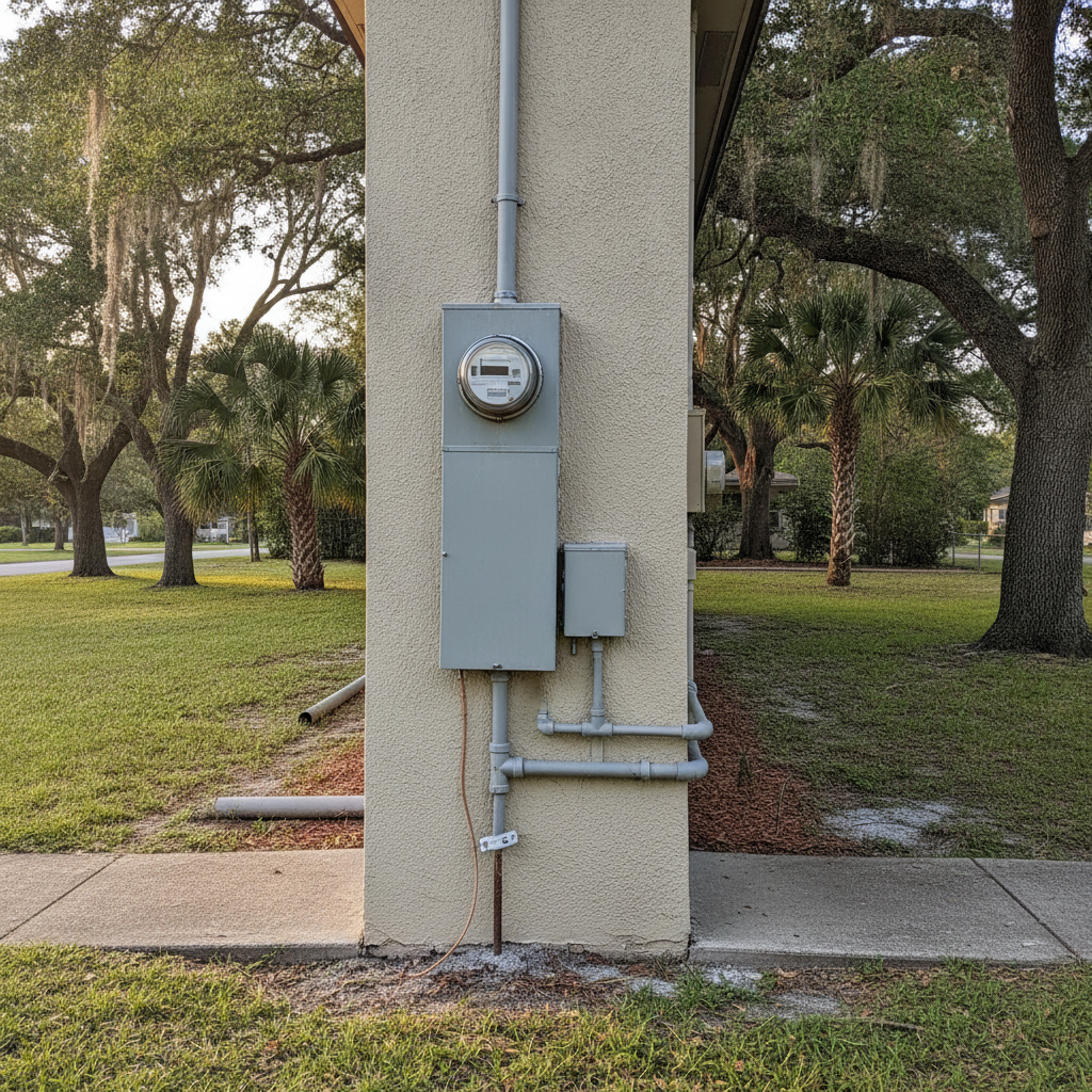 Exterior electrical panel and meter on a single-story house in Brandon, Florida