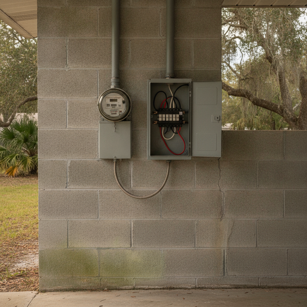 Exterior breaker panel and meter can on a concrete-block wall of a New Port Richey ranch house