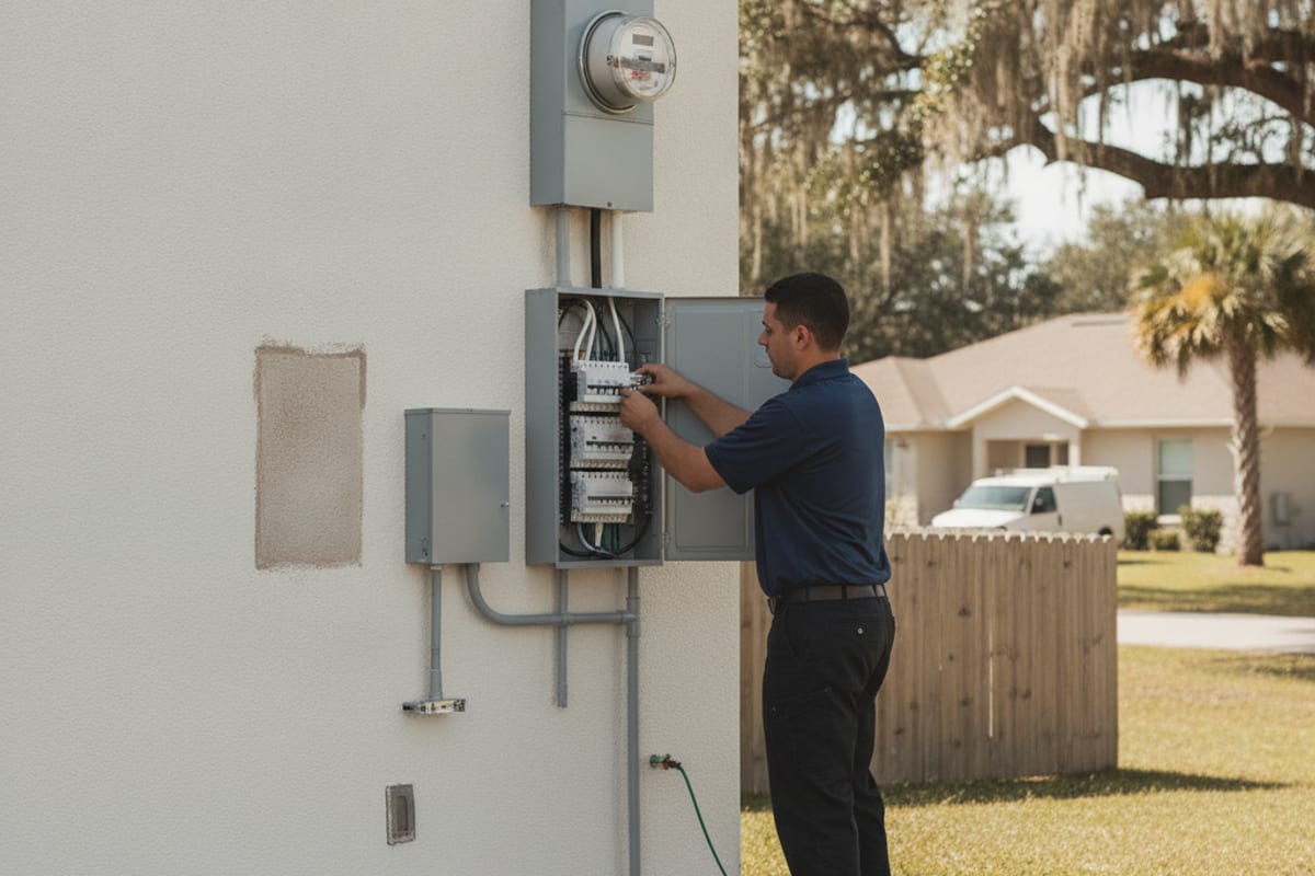 Electrician installing a new 200-amp breaker panel on the exterior of a modern Wesley Chapel home