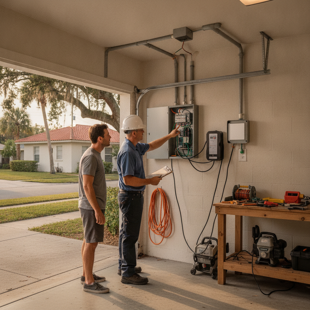 Homeowner and electrician reviewing electrical permit paperwork beside an exterior meter can on a Tampa concrete-block house