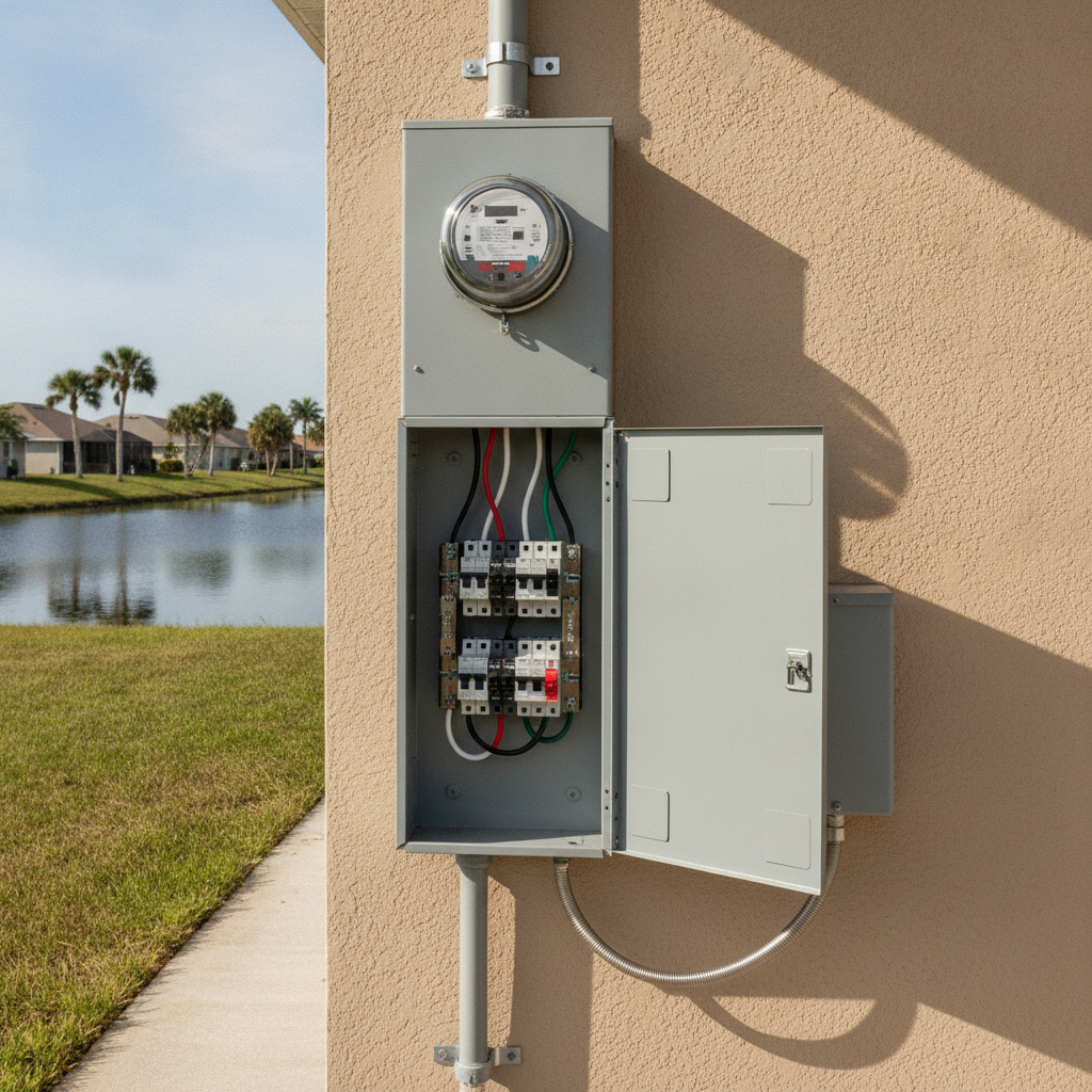 Exterior meter and panel on an Apollo Beach, Florida house with canal grass beyond