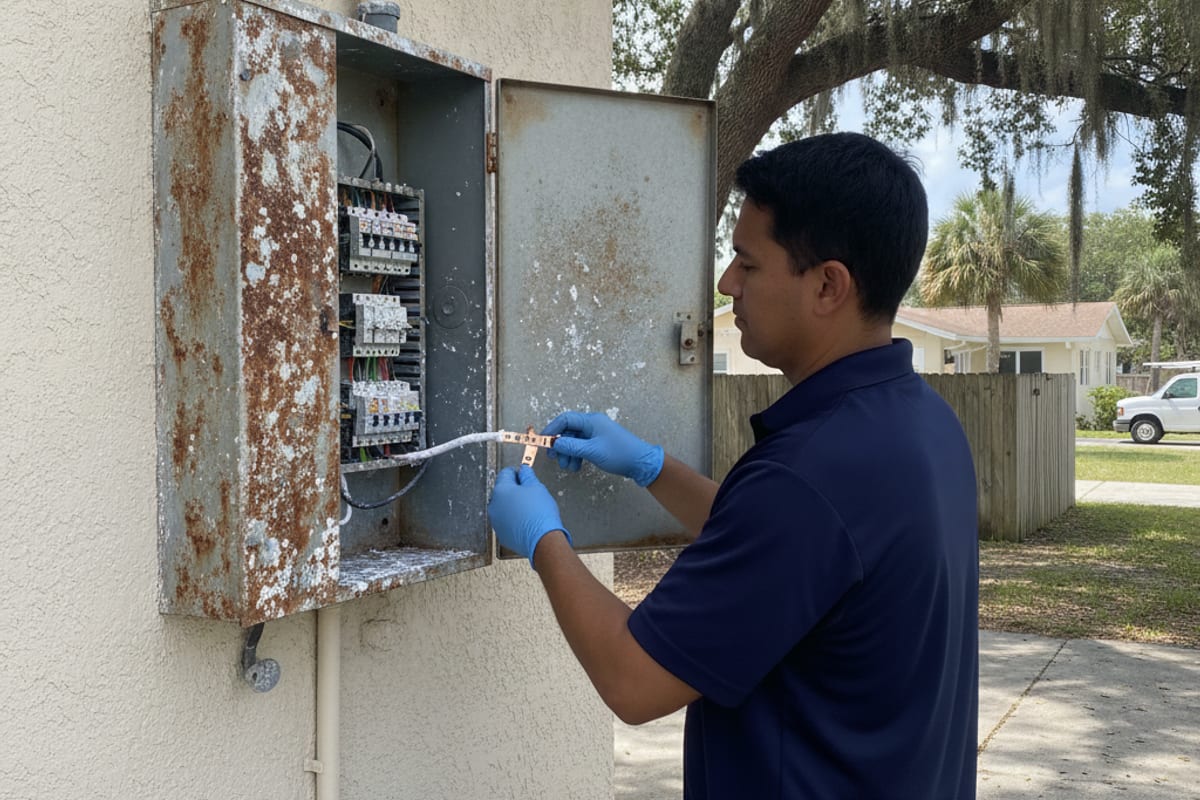 Electrician testing an exterior breaker panel on a coastal home in Indian Rocks Beach, Florida showing salt-air weathering