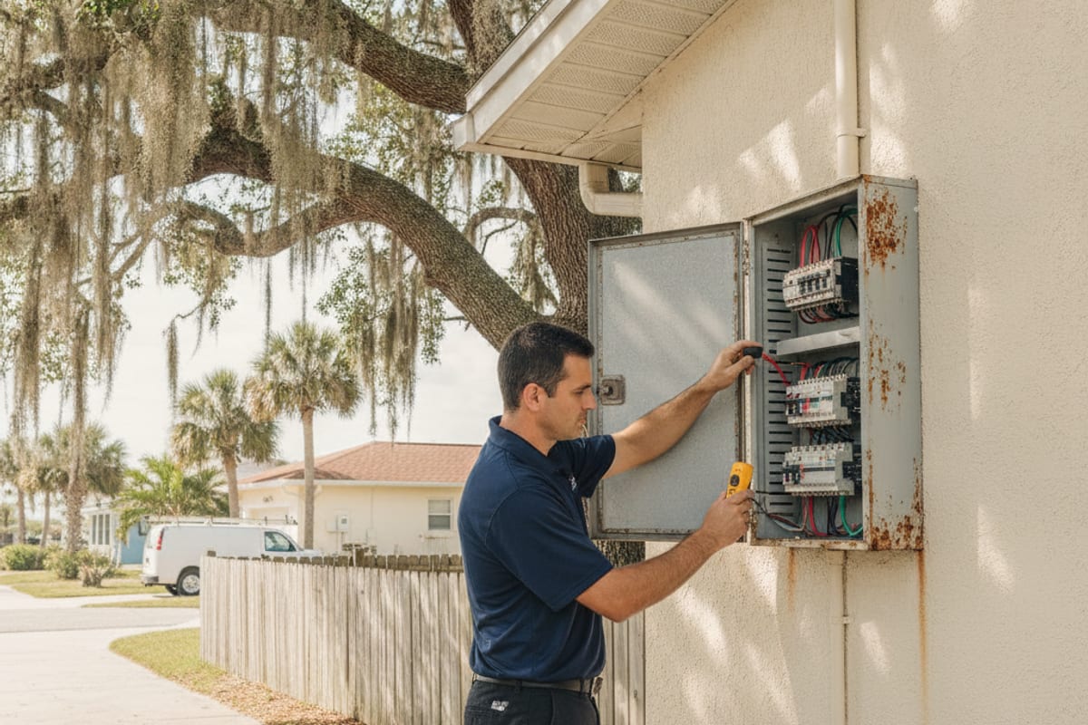 Electrician testing an exterior breaker panel on a coastal Indian Rocks Beach home