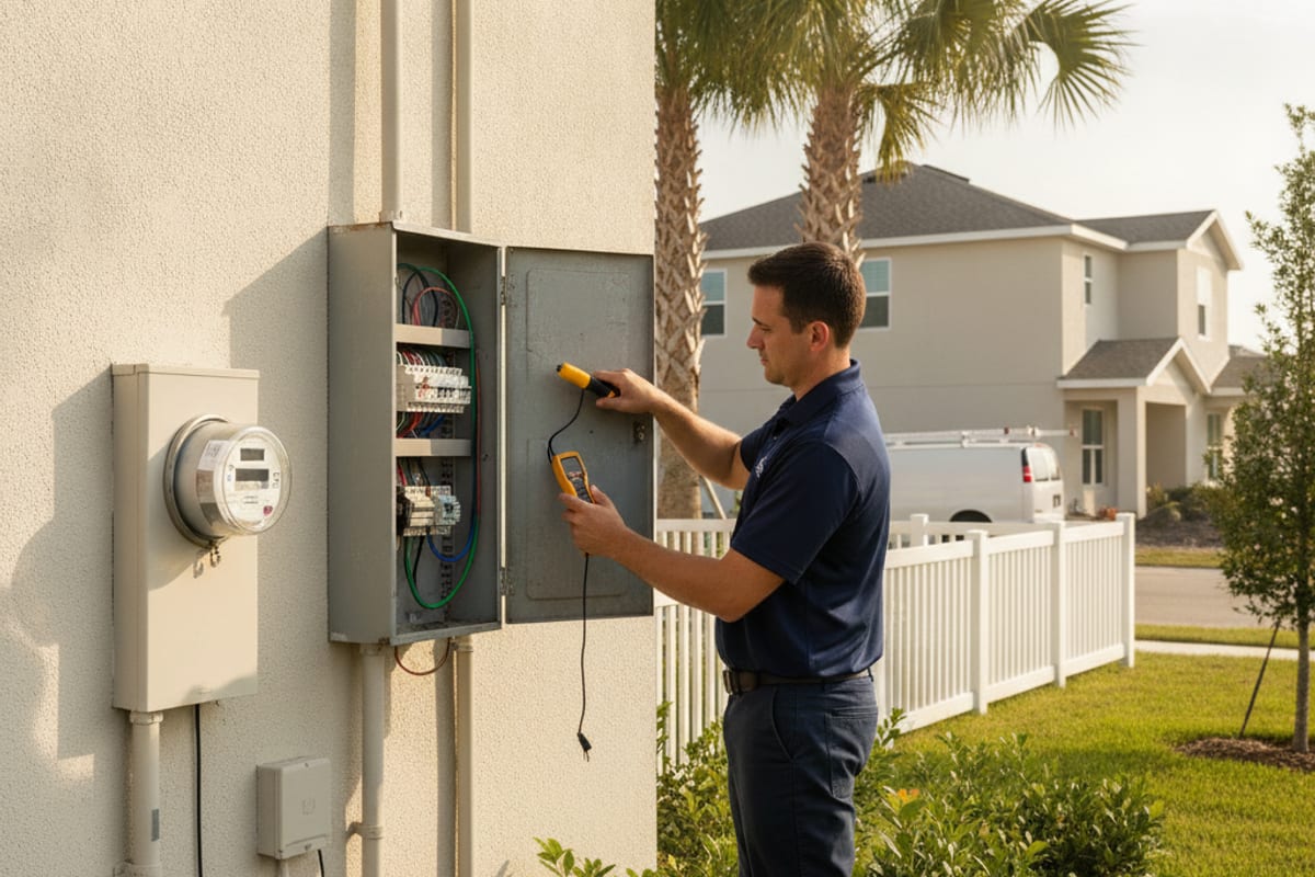 Electrician testing an exterior breaker panel on a newer residential home in Land O' Lakes, Florida with mature palms and landscaping nearby