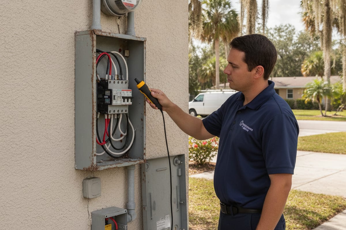 Electrician checking an exterior breaker panel on a residential home in New Port Richey, Florida near the Gulf coast