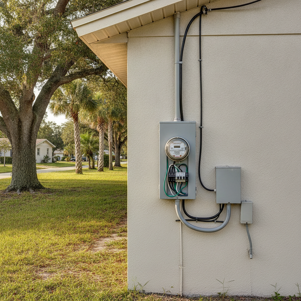Exterior electrical panel and meter can on a Pinellas Park, Florida ranch house