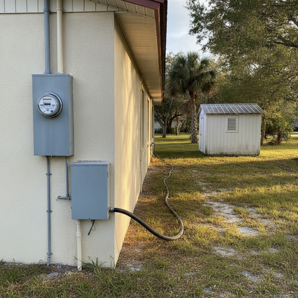 Port Richey ranch house with an exterior electrical panel and a long side-yard run toward a well-pump shed
