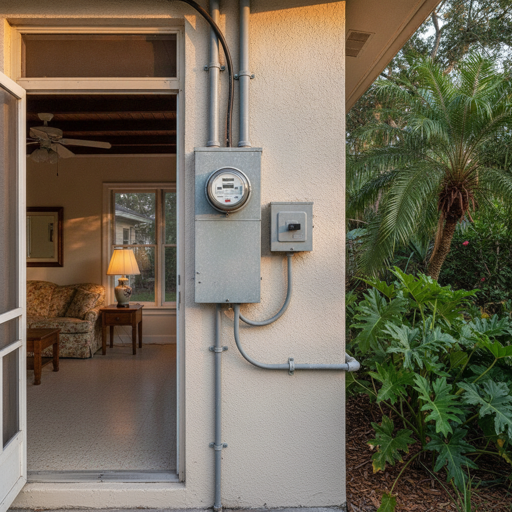 Exterior meter on a South Tampa bungalow with a tight side yard and plaster visible through an open porch door