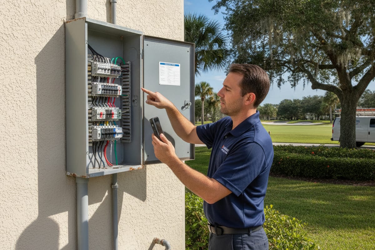 Generator contractor examining a Lansbrook home's electrical panel before recommending a standby generator