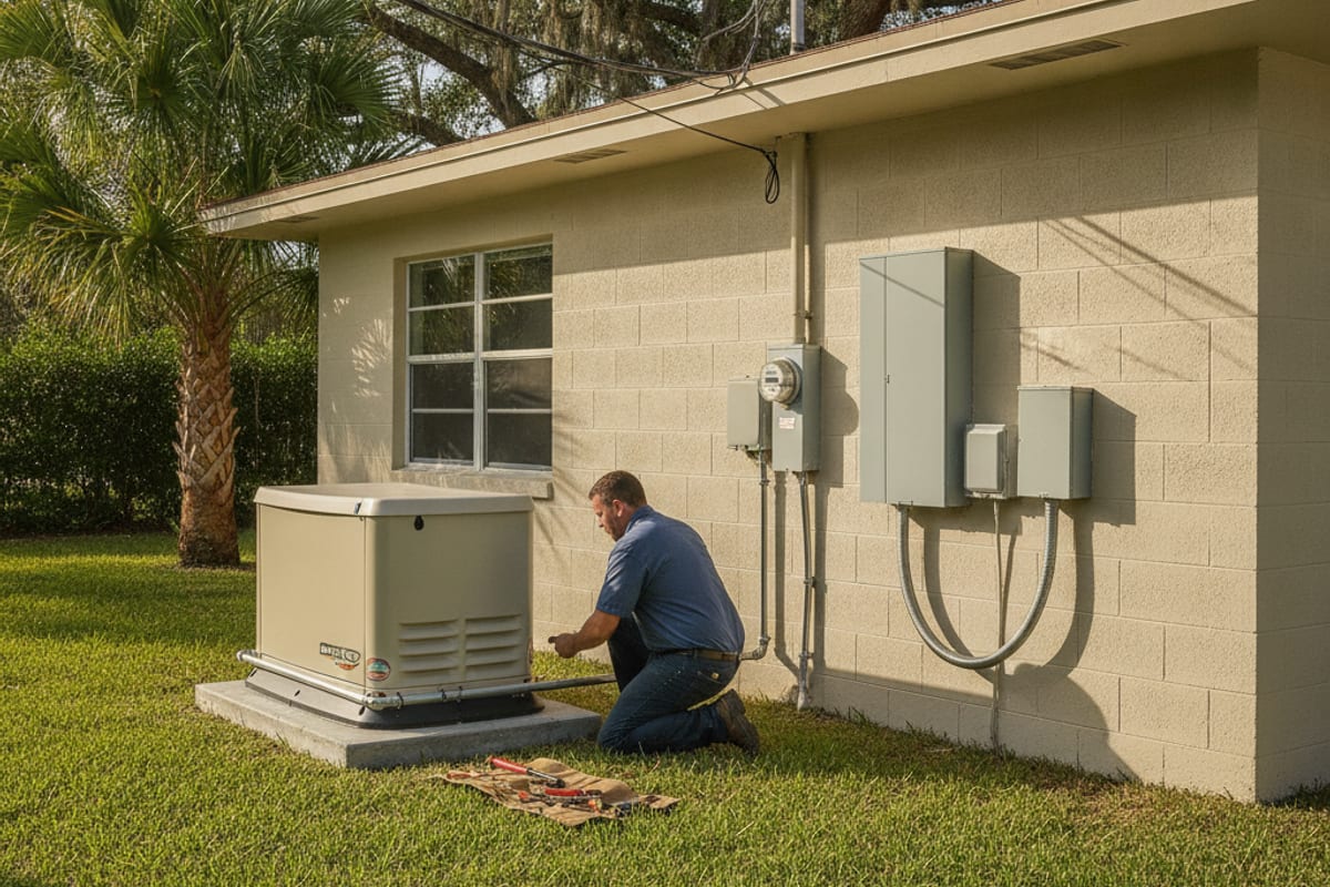 Electricista cableando un generador permanente en una plataforma de concreto junto a una casa de la Bahía de Tampa con el panel principal visible