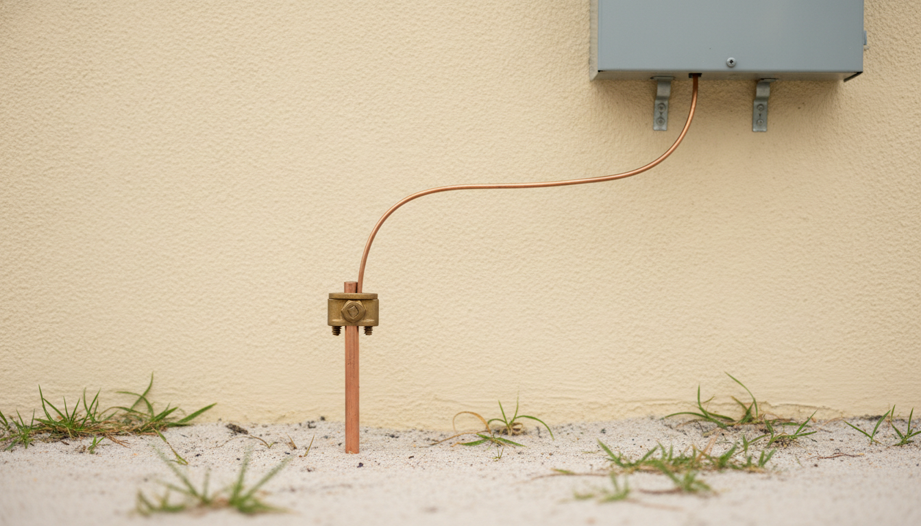 Ground rod and clamp connected to a conductor below an exterior electrical enclosure