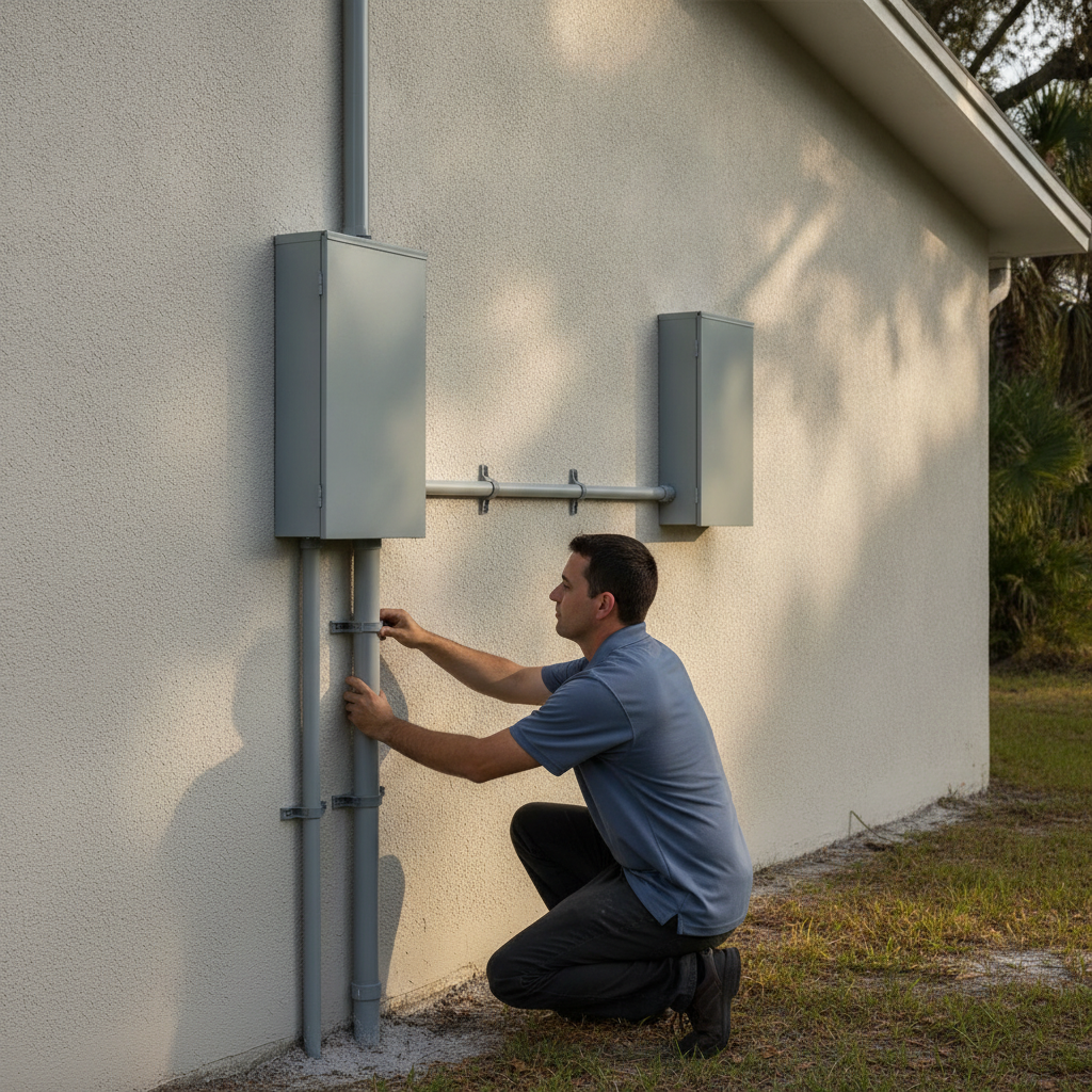 An electrician securing grey conduit to the stucco side wall of a Tampa ranch home below two closed utility disconnect enclosures