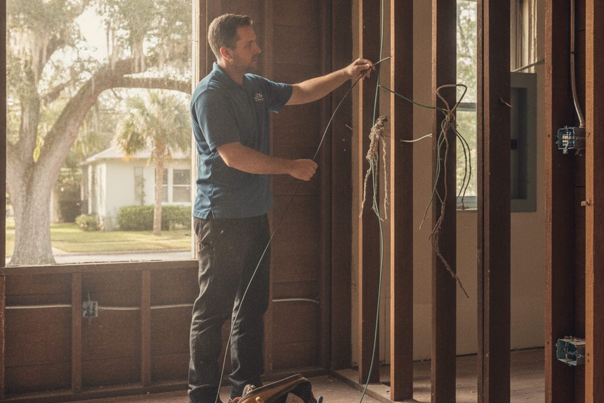 Electrician fishing new wiring through open wall studs in a partially renovated older Tampa Bay home