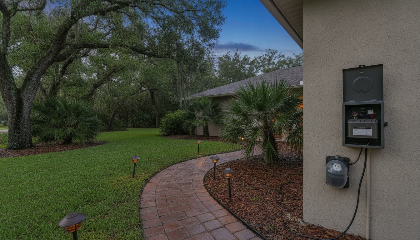 Tampa Bay yard at dusk with path light fixtures along a paver walkway and an open low-voltage lighting transformer on the house wall, its cord running to a weatherproof outdoor outlet