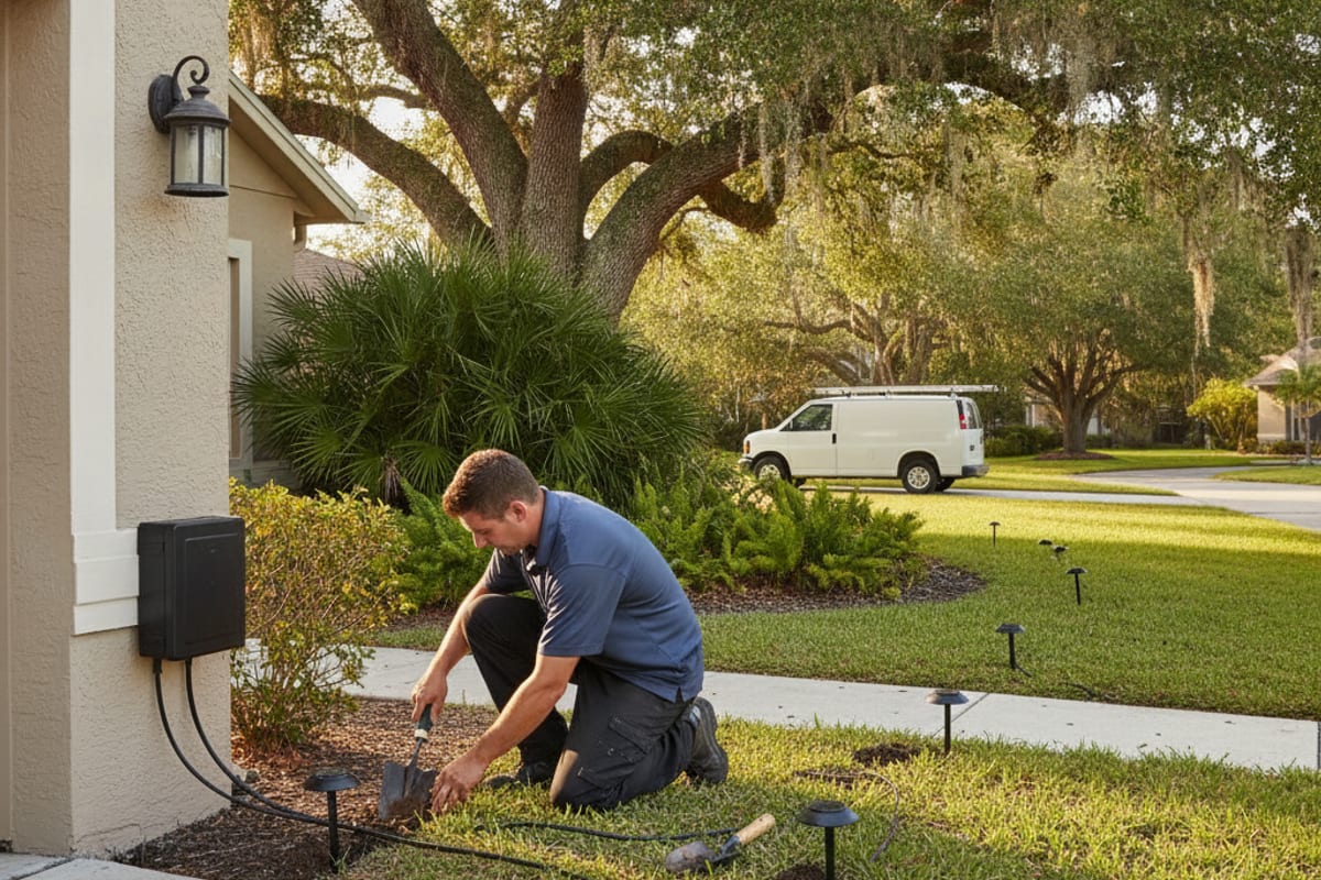 Professional electrician in navy blue polo installing landscape lighting fixtures along a Seffner home's walkway