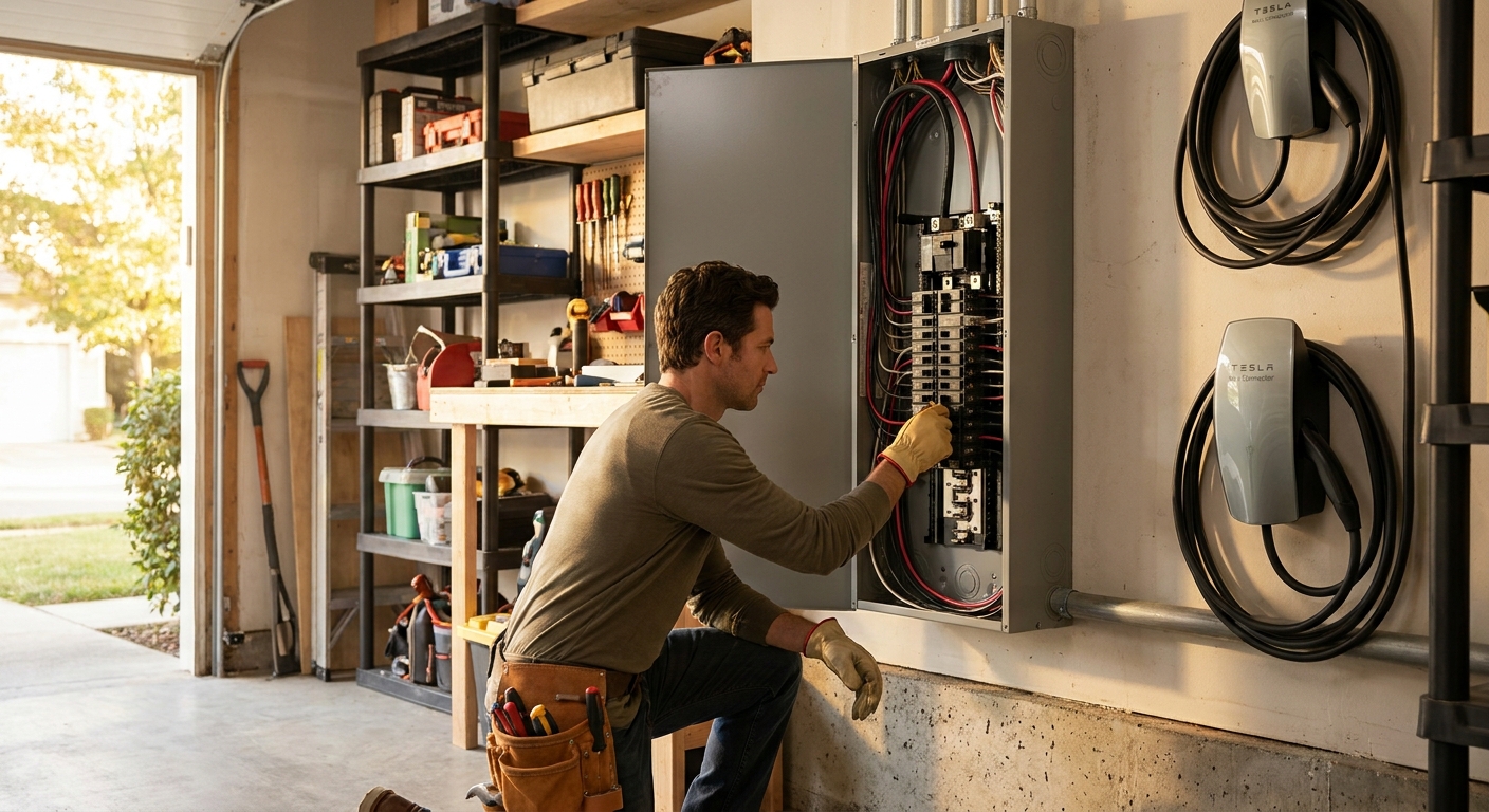 Electrician preparing a home electrical panel for a new EV charger circuit