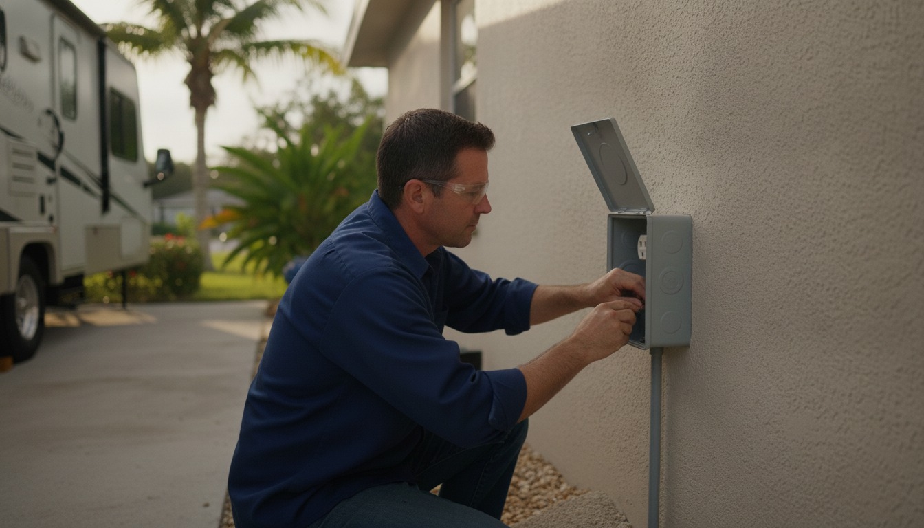 Electrician wiring a weatherproof 30-amp RV outlet box on the exterior wall of a Tampa Bay home