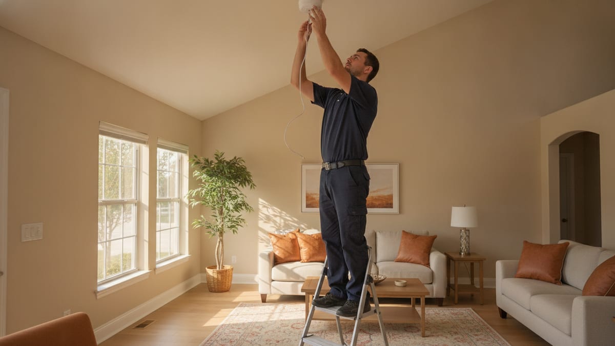 Electrician installing a hardwired interconnected smoke detector on a ceiling in a Tampa home