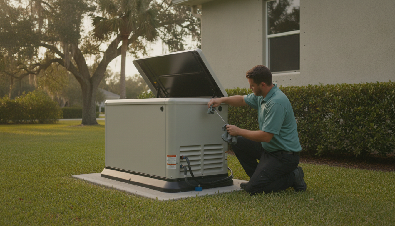 Technician kneeling beside a whole-home standby generator with its lid open, checking the engine oil dipstick outside a Florida house