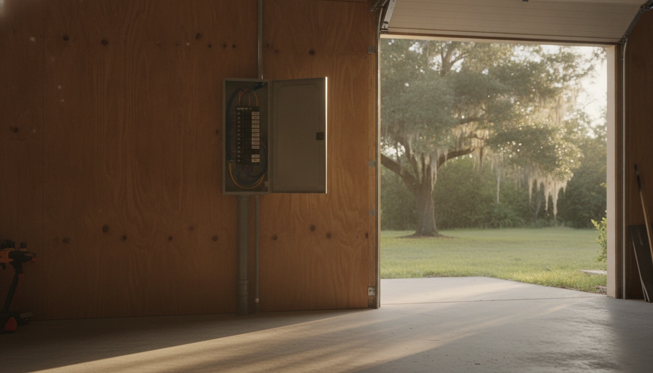 Open electrical sub-panel on the plywood wall of a detached Florida garage, conduit running down to the slab
