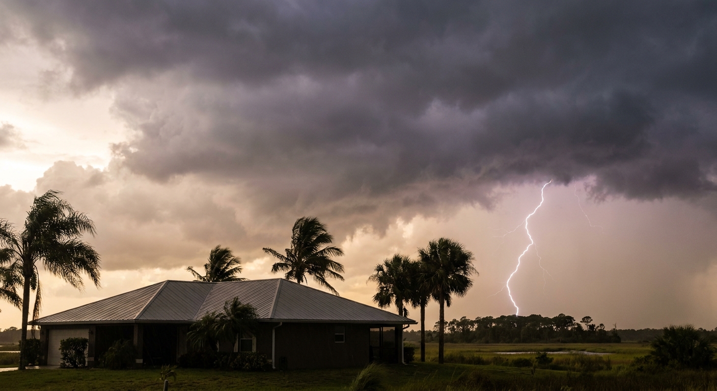 Whole-house surge protector installed in an electrical panel during a Tampa Bay lightning storm