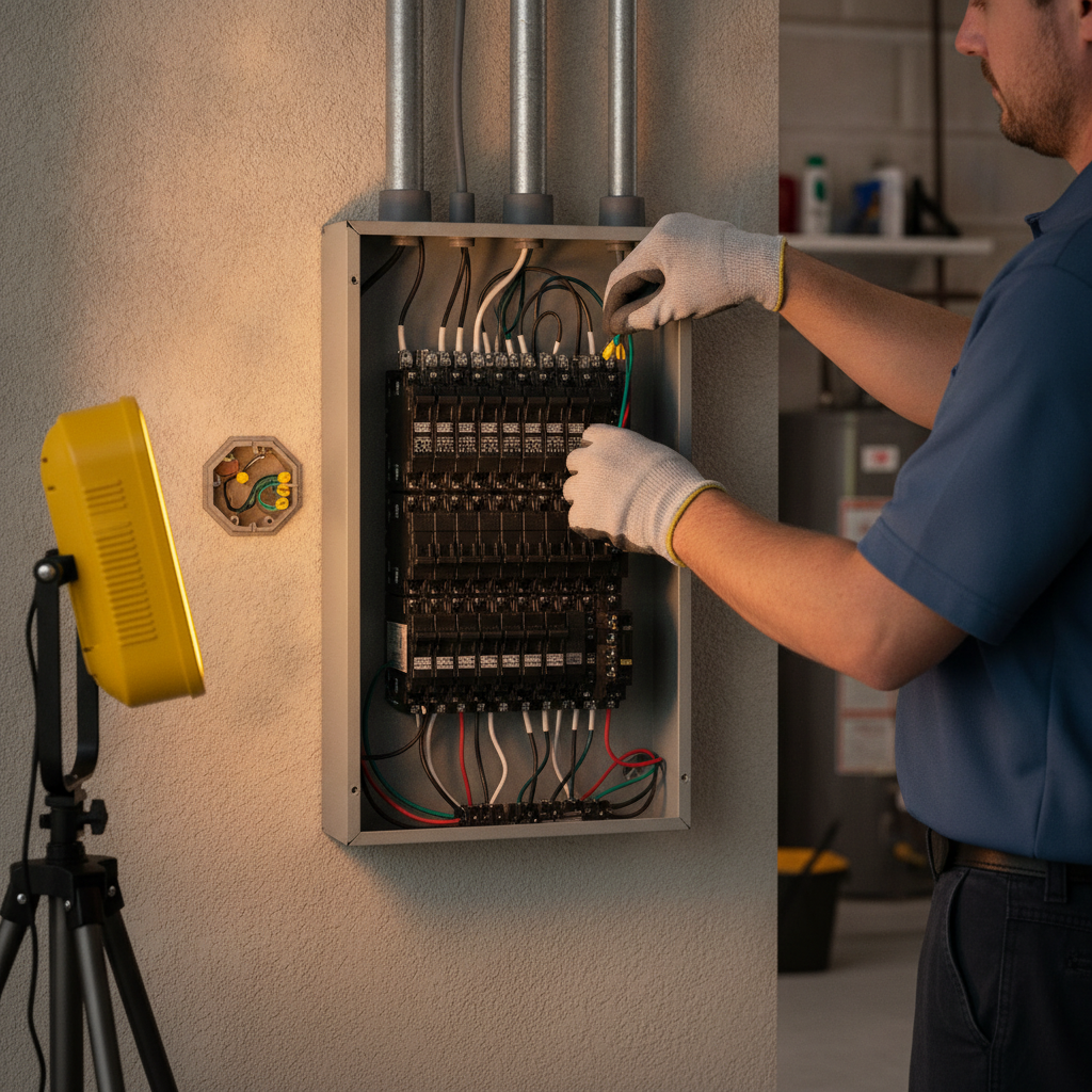 Gloved electrician inspecting an indoor electrical panel in a Tampa Bay home