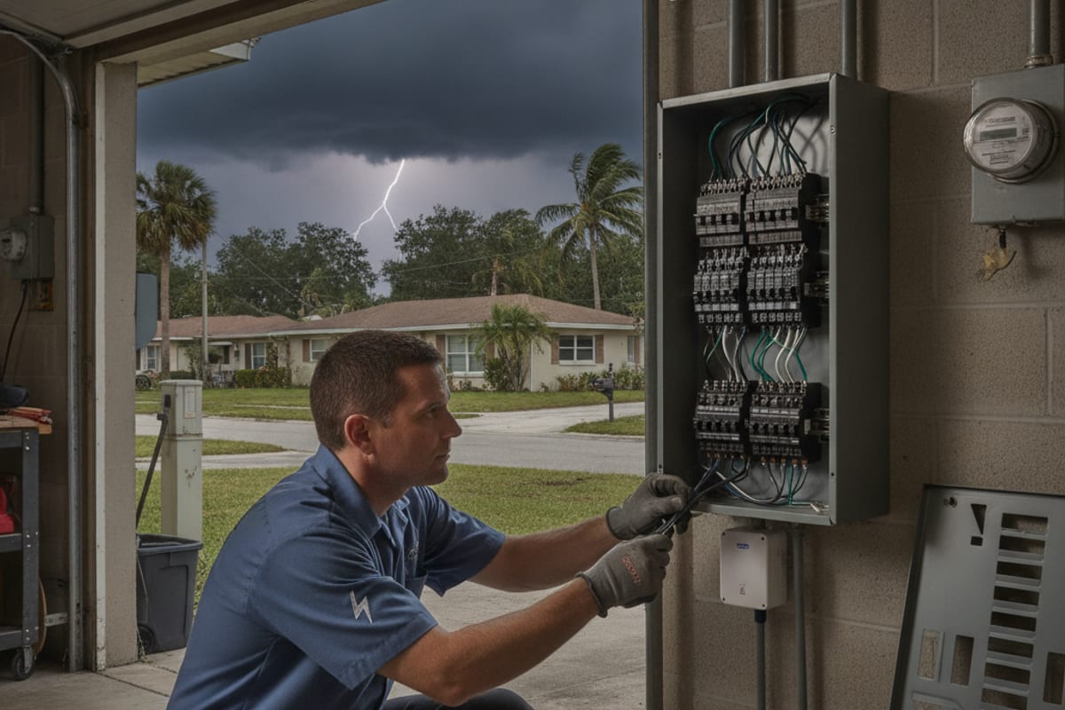 Electrician installing a surge protective device inside an open panel as a storm builds outside a Tampa Bay garage