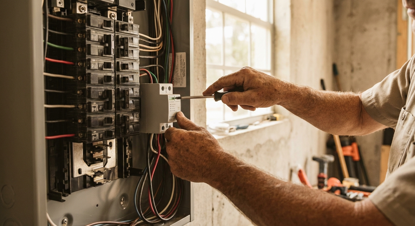 Tampa Electrical Pro electrician answering questions at a customer's door